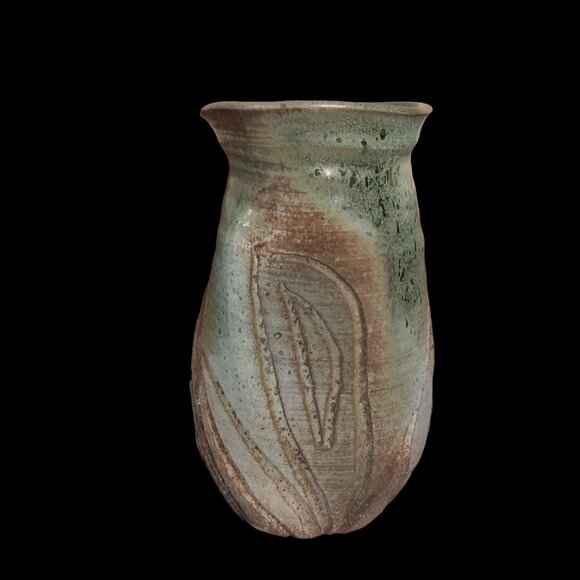 Signed Art Pottery Vase Earthy Green & Brown Glaze With Abstract Design - Picture 3 of 8